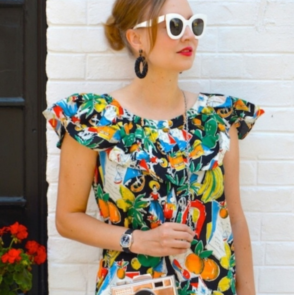 J. Crew Postcards Travel Print Blouse Top Shirt Size 14 Resort Vacation